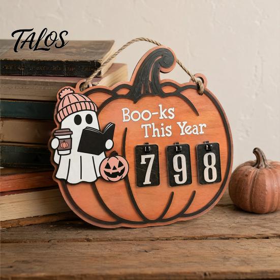 Unique Reading Tracker Halloween Ghost Pumpkin Wooden Hanging Sign, Sliding Number Counter for Book Read This Year, Fun Gift Spooky Decor with
