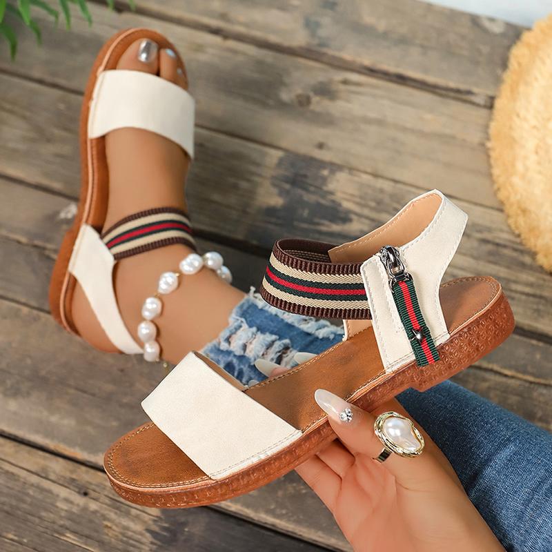 

Comfort Shoes for Women 2025 Sandals Summer Heels Suit Female Beige New Beach Low Outside Girls Flat Black Fabric Back Strap 35 бежевий