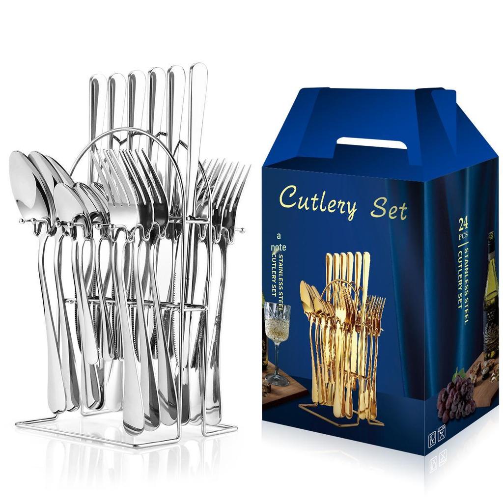 24-Piece Gold Stainless Steel Cutlery Set with Knife, Fork, Spoon & Household Storage Rack In Gift Box