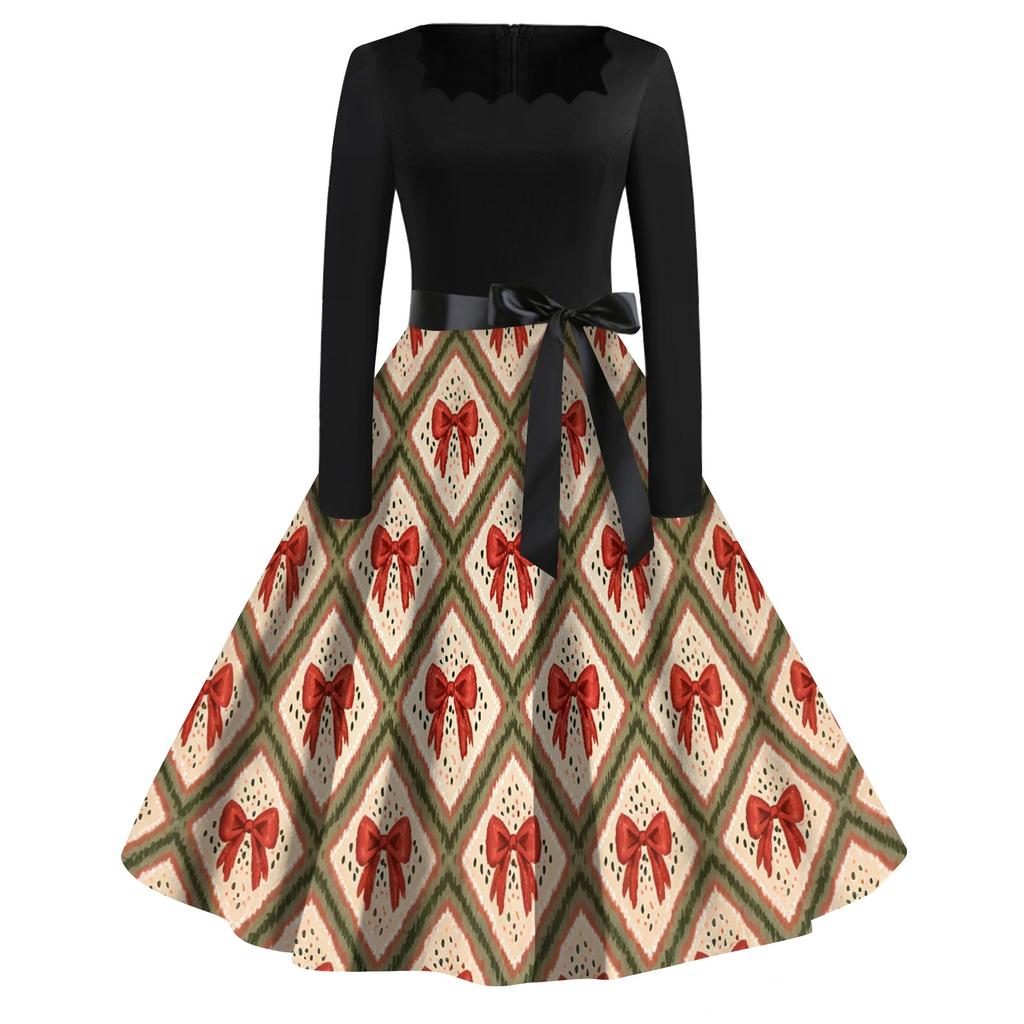 Women's Casual Fashion Christmas Print Square Neck Vintage Dress for Holiday Party