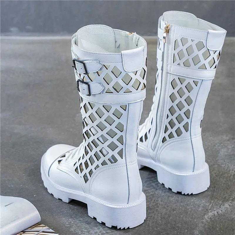 Women's Summer Knee High Boots Hollow Out Sexy Round Toe Cowhide Leather Square Heel Woman Back Zipper Booties Shoes