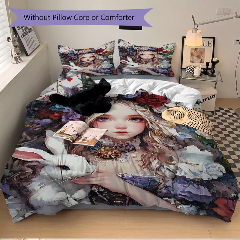 3pcs Alice In Wonderland Bedding Set, Includes Quilt Cover and Pillowcases, Suitable for All Seasons