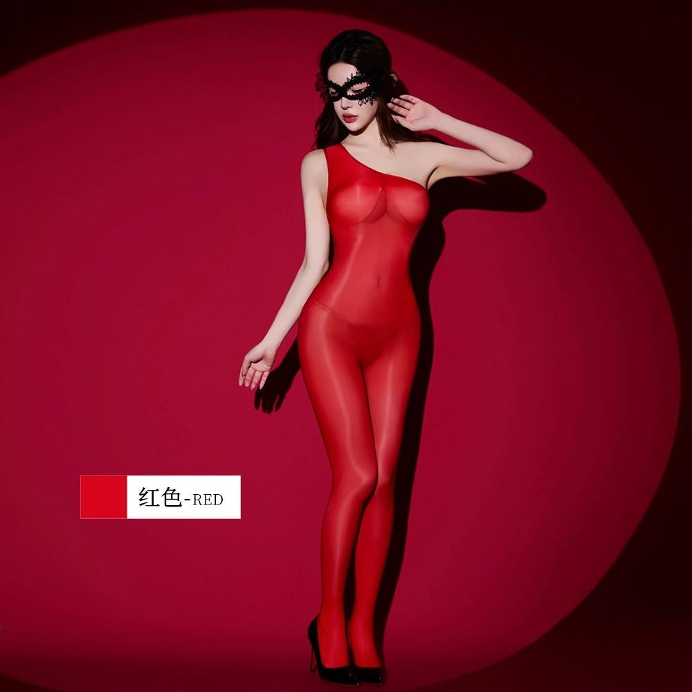 Fashion One-Shoulder Jumpsuit Oil Shiny Sheer Transparent Bodysuit Breast Seamless Tights Leotard Sexy Woman Shaping Bodysuit