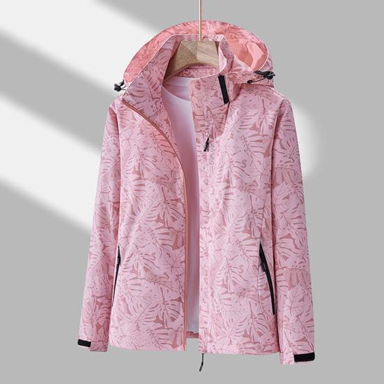 Women Jacket Stand Collar Detachable Hood Long Sleeve Casual Coat with Pockets Maple Leaves Print Zipper Placket Outwear