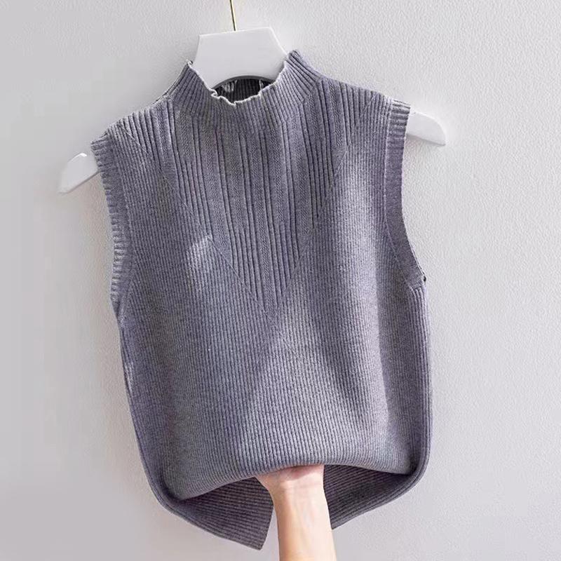 Summer Korean Solid Color Half Turtleneck Sleeveless Casual Knitted Vest For Women