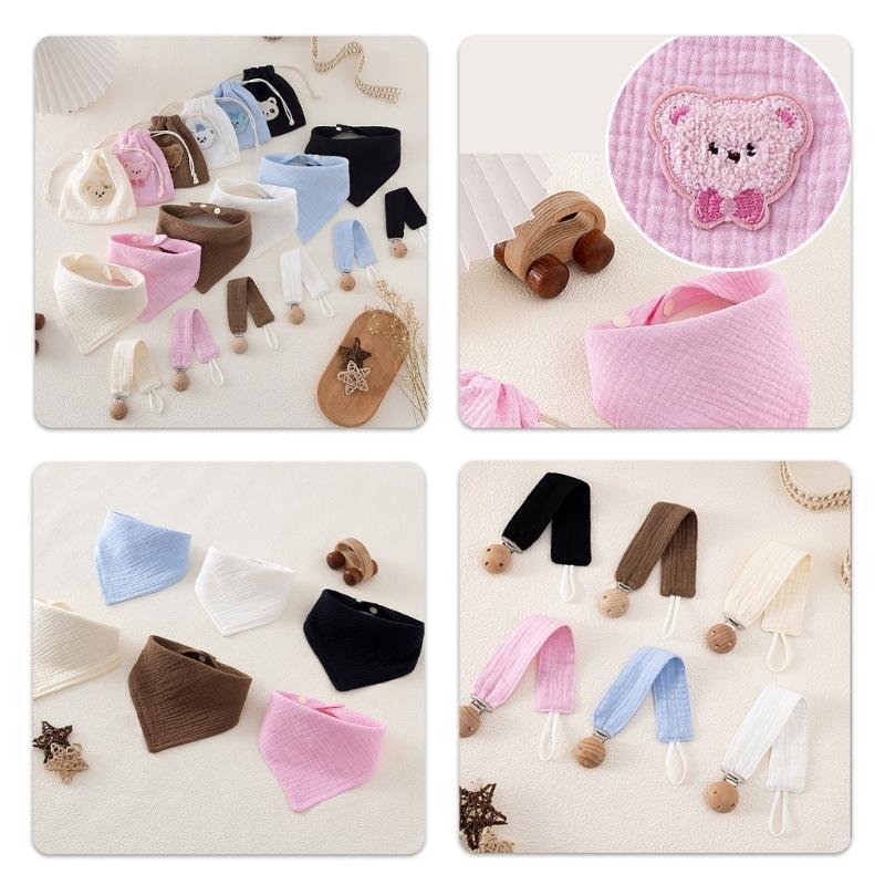 3pcs Organic Cotton Infant Bandana Bib And Pacifier Holder Combo Includes Washable Storage Pouch Baby Shower Gift Set
