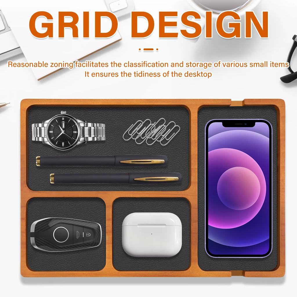 Wooden Office Desktop Storage Box Valet Tray with 4 Compartment Solid Wood for Glasses Mobile Phone Earphones Sundries Organizer