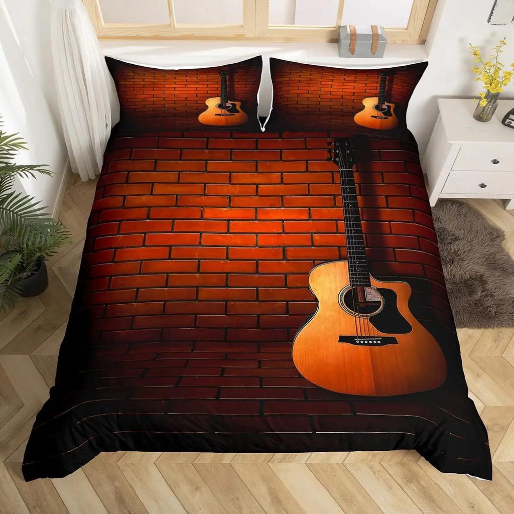 Guitar Duvet Cover Set King Queen Full Size Watercolour Style Polyester Comforter Cover for Kids Boys Girls Teens Bedding Set