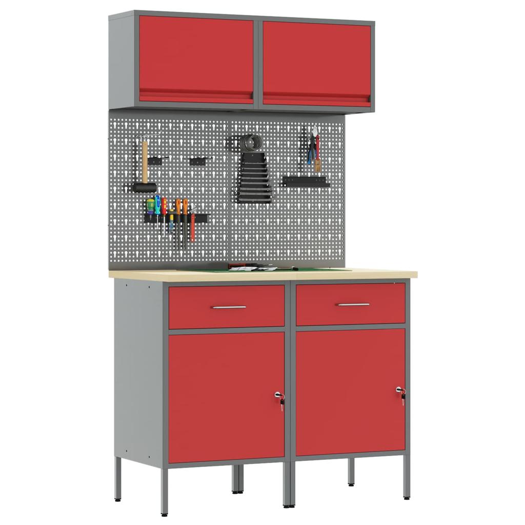 Workbench Cabinet Set with Drawers and Shelf 6 pcs Red