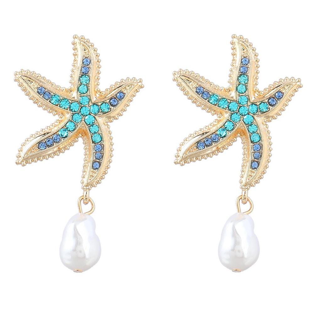 Luxury Female Crystal Blue Stone Gold Color Stud Earrings Cute Bridal Starfish Wedding Jewelry For Women