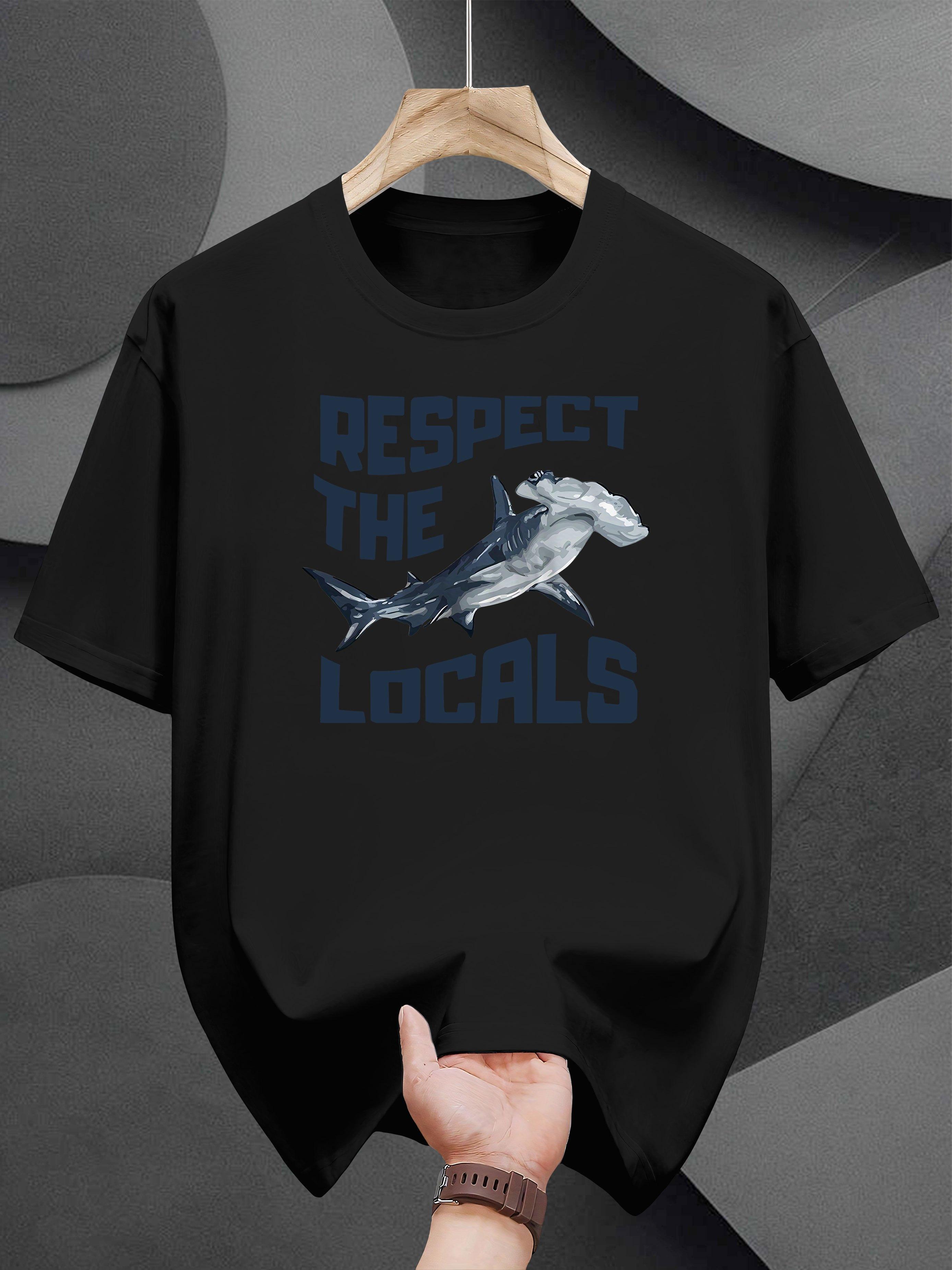 Heavyweight 200gsm Cotton T-shirt - Shark Graphic & Respect The Locals Print - Black Crew Neck Casual Tee for Beach M