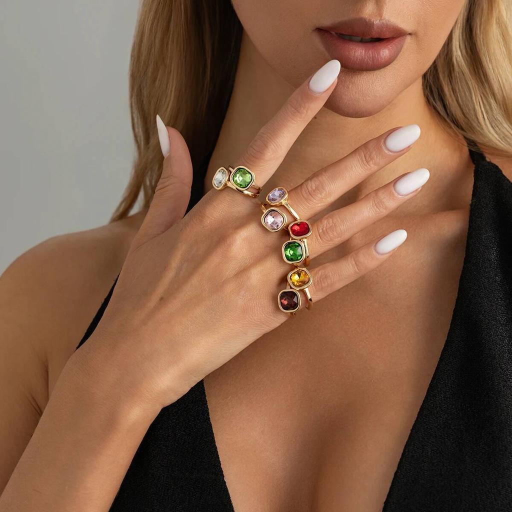 IngeSight.Z Y2K Bohemia 8 Pcs Creative Colorful Acrylic Rhinestone Open Rings Sets Women Fashion Couple Jewelry Accessories New