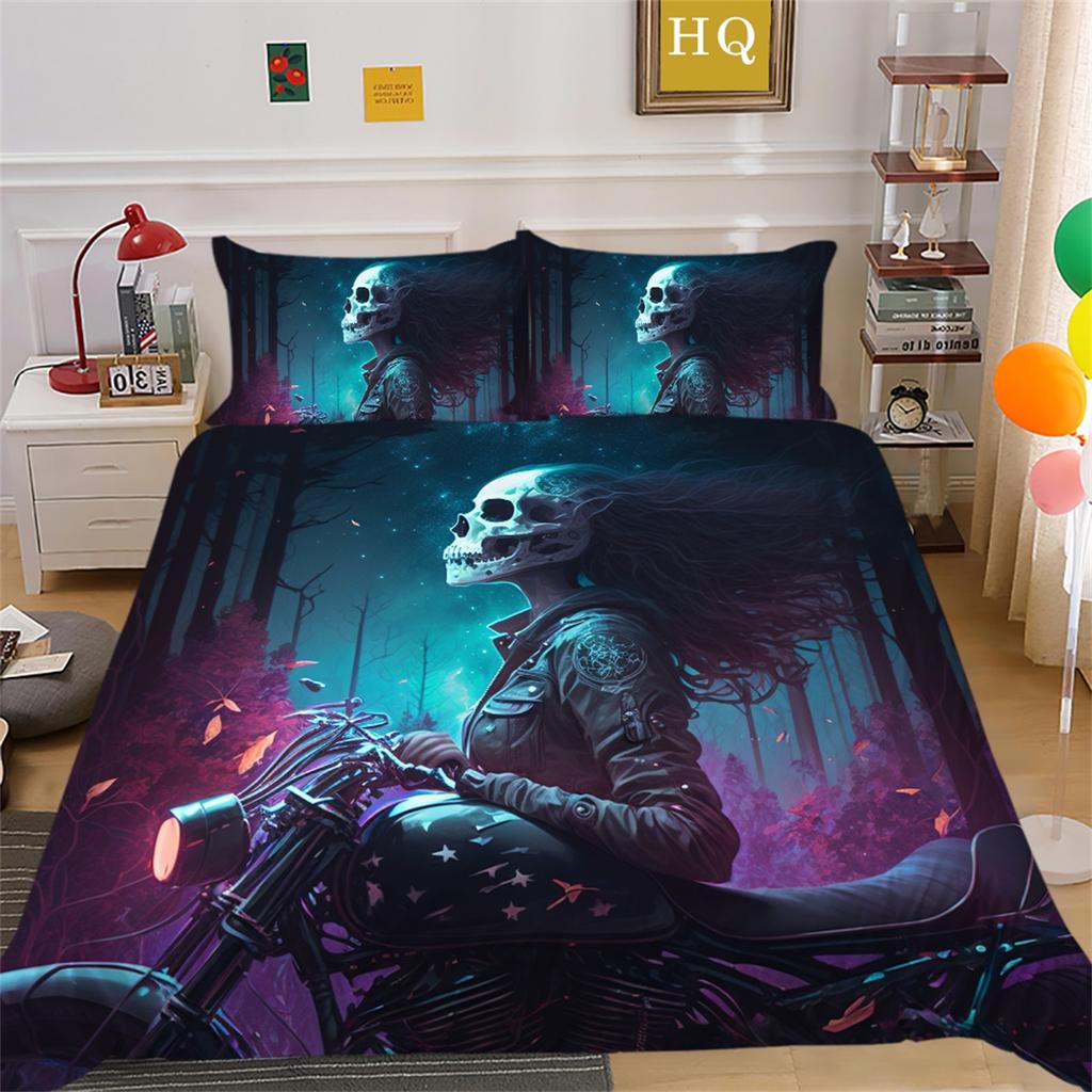 3D Beauty Skull Head Bedding Set Beauty Skull Head Motorcycle Pattern Quilt Cover Pillow Case 2/3 Pieces Microfiber Fabric Full Size Home Decoration