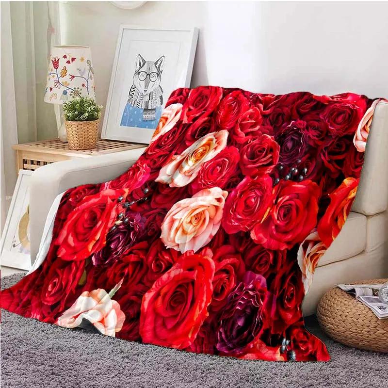 Red Roses Flannel Throw Blanket Valentine's Day Romantic Flower Blanket for Bed Sofa Couch Super Soft Lightweight King Full Size