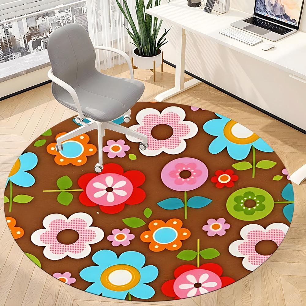 1pc Floral Pattern Chair Carpet for Office, Round Polyester Mat, Indoor Decor for Office, Easycare Fabric, Washable Non-slip Area Carpet