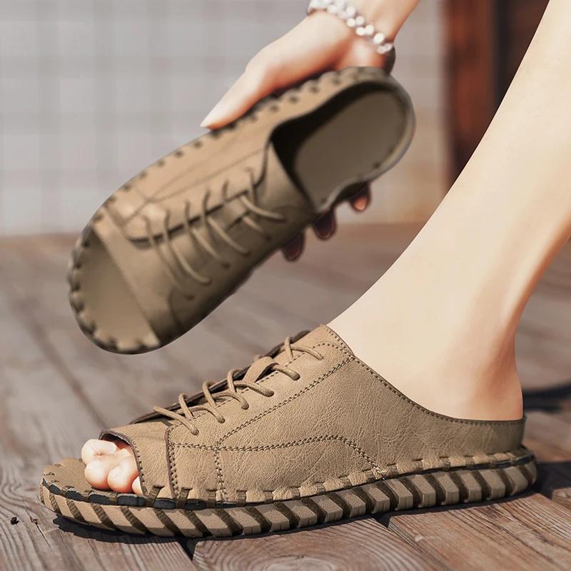 New New Casual Top Leather Slippers Handmade with Personalized Lace Up and Super Fiber Leather Sandals Plus Size 39-46