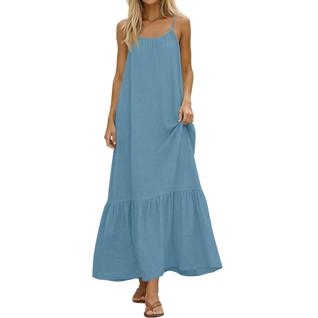 Dames Zomerjurken Spaghetti Bandjes Ronde Hals Gerimpeld Ruches Vloeiend Boho Maxi Jurk