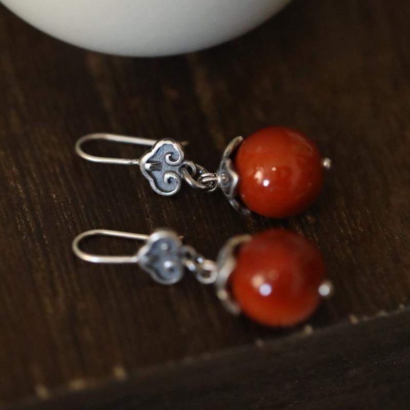 PANJBJ 925 Sterling Silver Red Agate Earrings For Women Circular Retro Ethnic Cloud Versatile Jewelry Birthday Gift Dropshipping