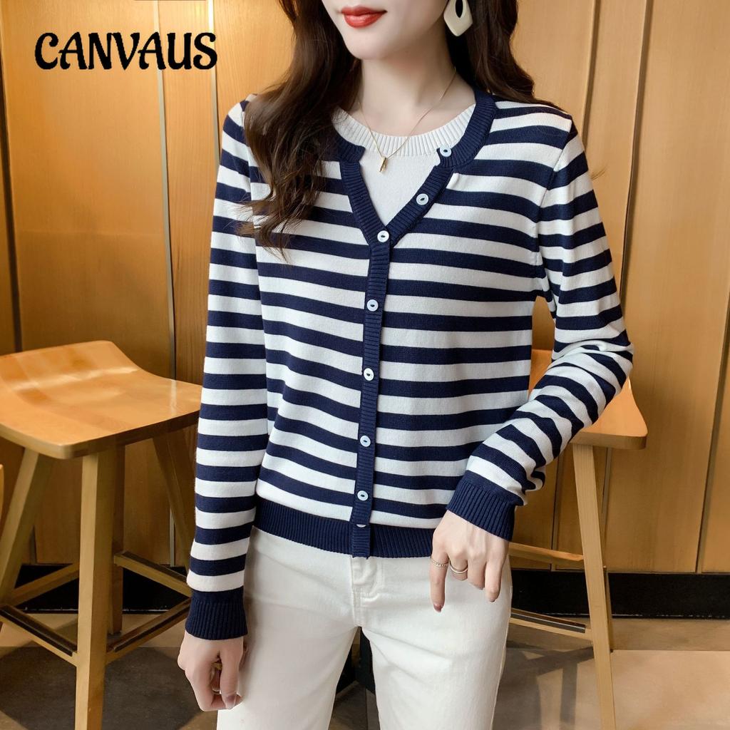 Spring and Autumn Women's Fashion Korean Striped Long Sleeve Tops Age Reducing Outerwear Knitwear