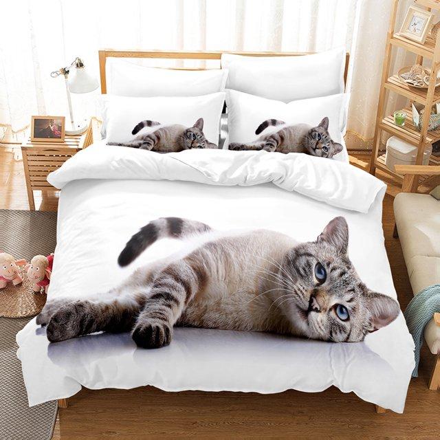 3D Lazy Cat Pattern Bedding Set, featuring adorable cat-print duvet cover and pillowcases, suitable for single/double/king/extra king beds.