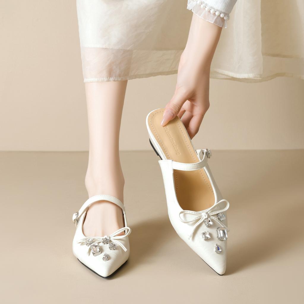 Weiwei Girl 966-2 French Pointed Sandals Woman One Word with Platform Bow Rhinestone Bag Head Half Slippers Woman