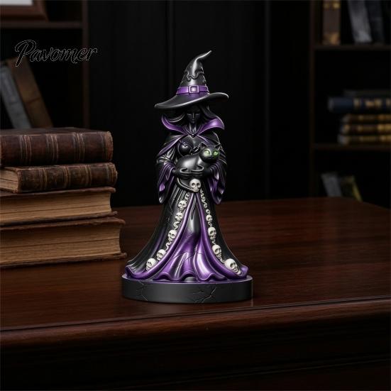 Resin Witch Sculpture for Shelf Display Halloween Figurine, Gothic with Black Cat Ornament, Dark Detailed Ornament Fantasy Tabletop Statue Home