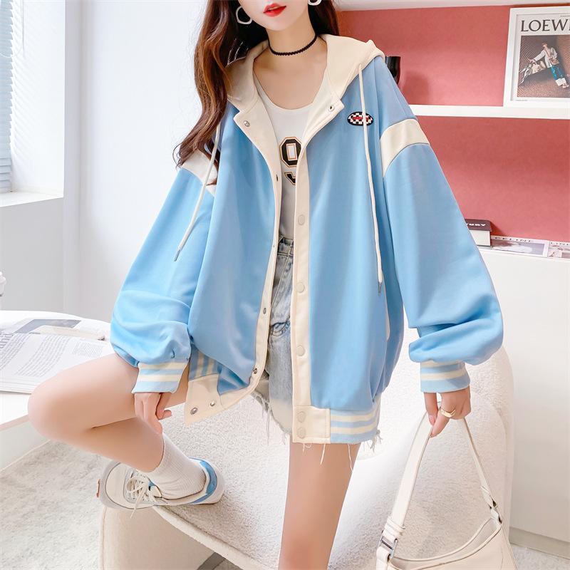 Women's Korean-Style Color Block Zipper Hoodie - Loose Fit, Spring/Autumn.