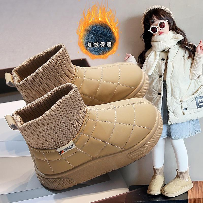 Girls Snow Boots 2025 Winter New Children's Fleece Thickened Cotton Shoes Boys' Warm Short Boots Medium and Older Socks Boots