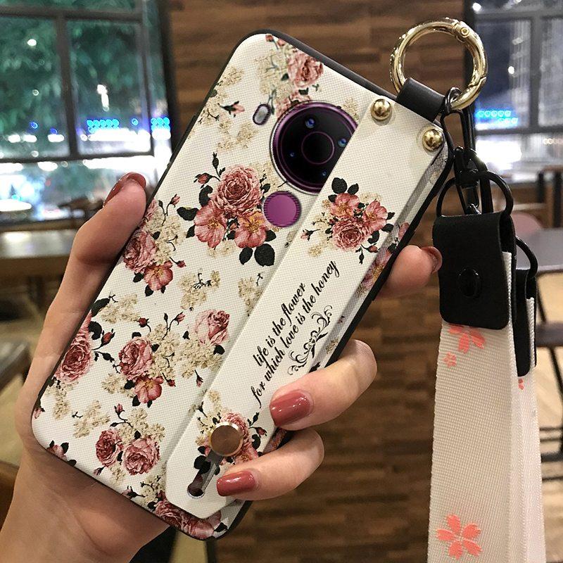 Back Cover Anti-dust Phone Case For Nokia 5.4 Wrist Strap Anti-knock Kickstand Shockproof Wristband Flower Phone Holder
