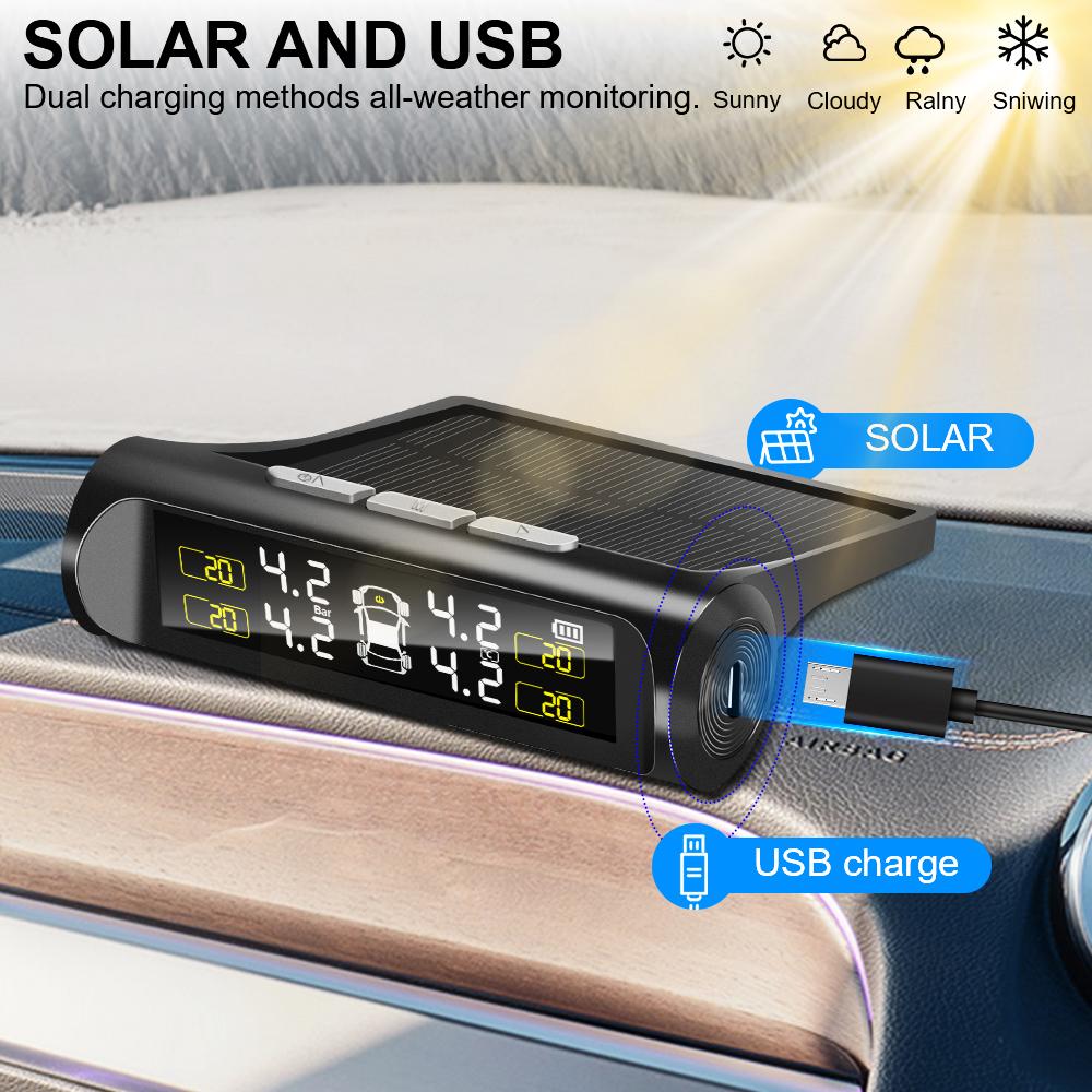 TPMS Tyre Pressure Monitoring System Solar Power LCD Display with 4 Internal/External Sensor  Waterproof Temperature Warning