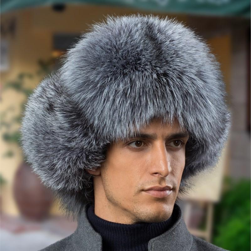 Real Fox Fur Hats Men 's Winter Lei Feng Hat Middle-Aged Elderly Outdoor Thickened Raccoon Fur Cap Warm Sheep Leather Bomber Hat