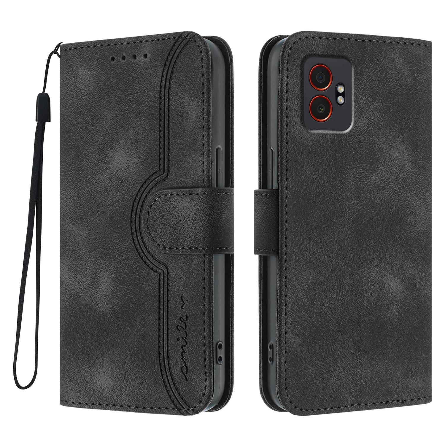 

For Samsung Galaxy XCover7 Pro Leather Case Wallet Stand Smile Imprinted Phone Cover with Strap Black
