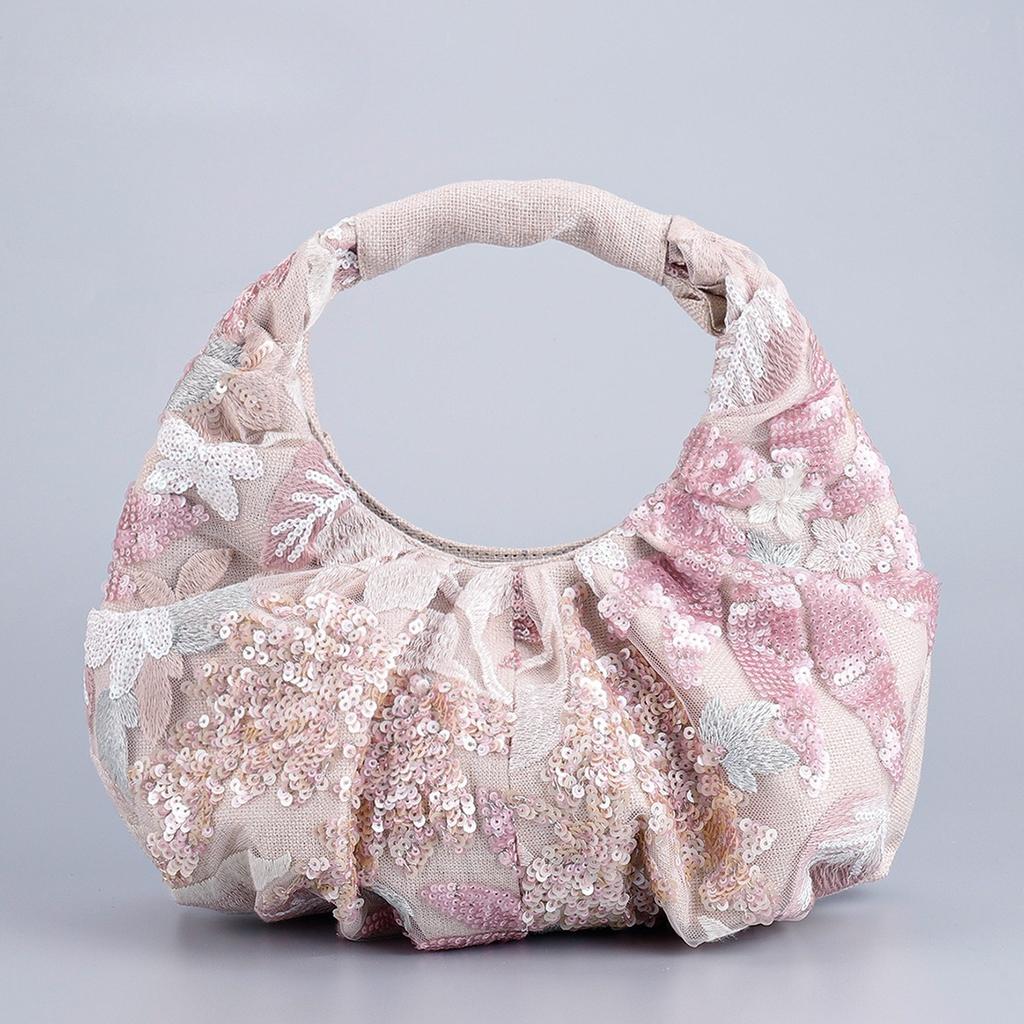 Fashion Sequins Embroidery Women Handbags Ruched Hobos Small Tote Bag Sweet Cute Flower Beach Bags Shiny Summer Bag 2025