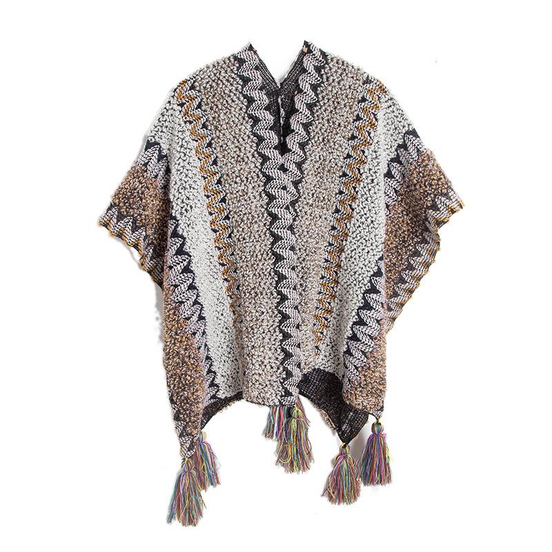 Women's Fashion Spring Autumn Winter Pashmina Ethnic Style Tassel Cape Colorful Knitted Split Shawl