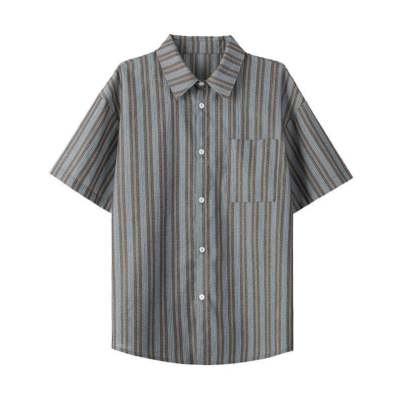 Men Short Sleeve Striped Shirt Loose Fit Casual Button Down Beachwear Top