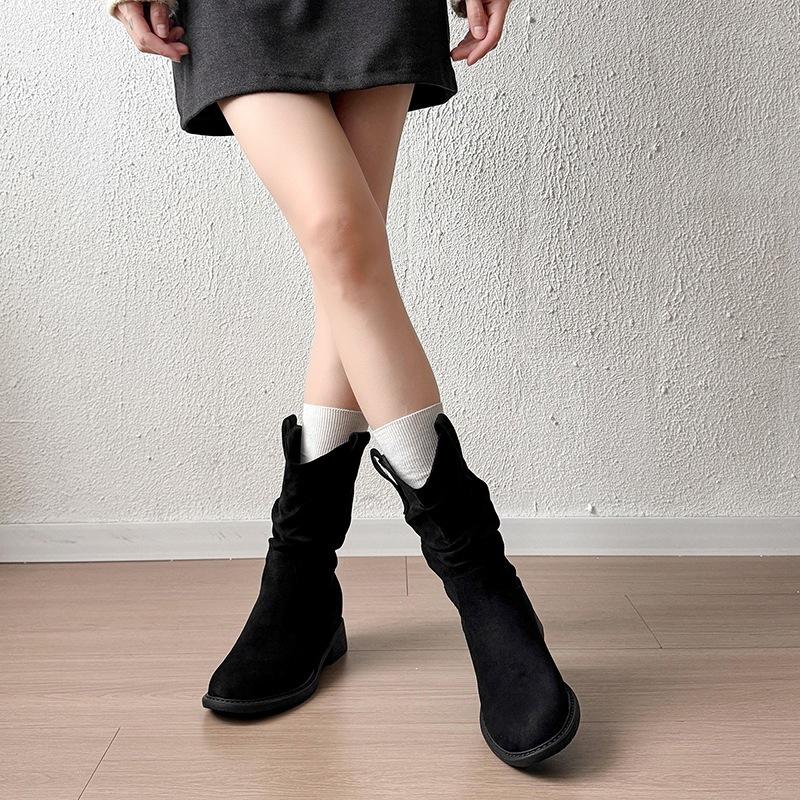 Medium boots pleated thick heel no thin V thin pile autumn mouth women's boots western versatile boots women's fashion