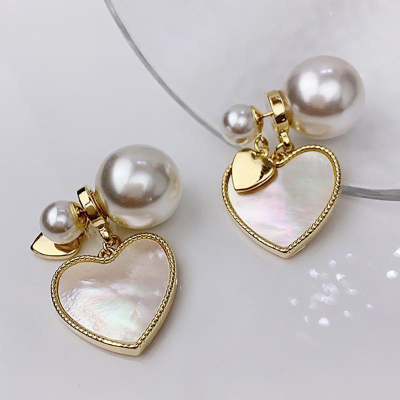 Elegant White Shell Heart Pearl Earrings For Women Sweet Gold Tone Dangle Earrings