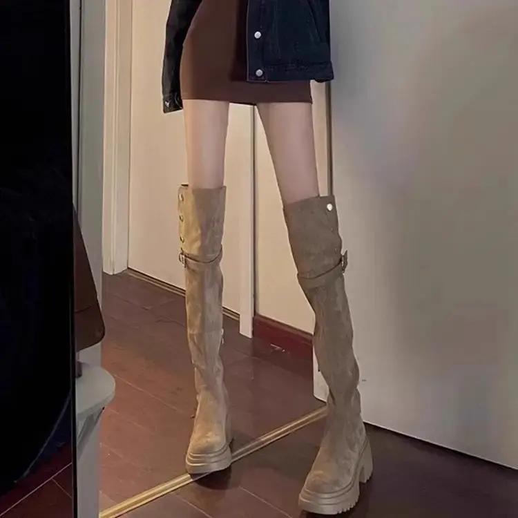 Western knee boots women's high boots French retro black outer wear thick-soled boots increase the height of autumn and winter new models