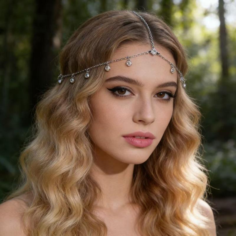 Fashion Bride Crystal Pendant Tassel Hair Chain For Women Exquisite Metal Geometric Multilayer Thin Head Chain Wedding Jewelry