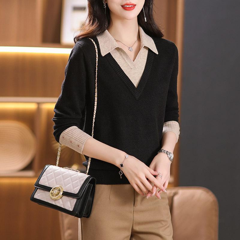 Женский трикотажный свитер с длинными рукавами имитирующий двойку с воротником поло новый осенний свитер зарубежный свободный топ S чёрный 4198₽