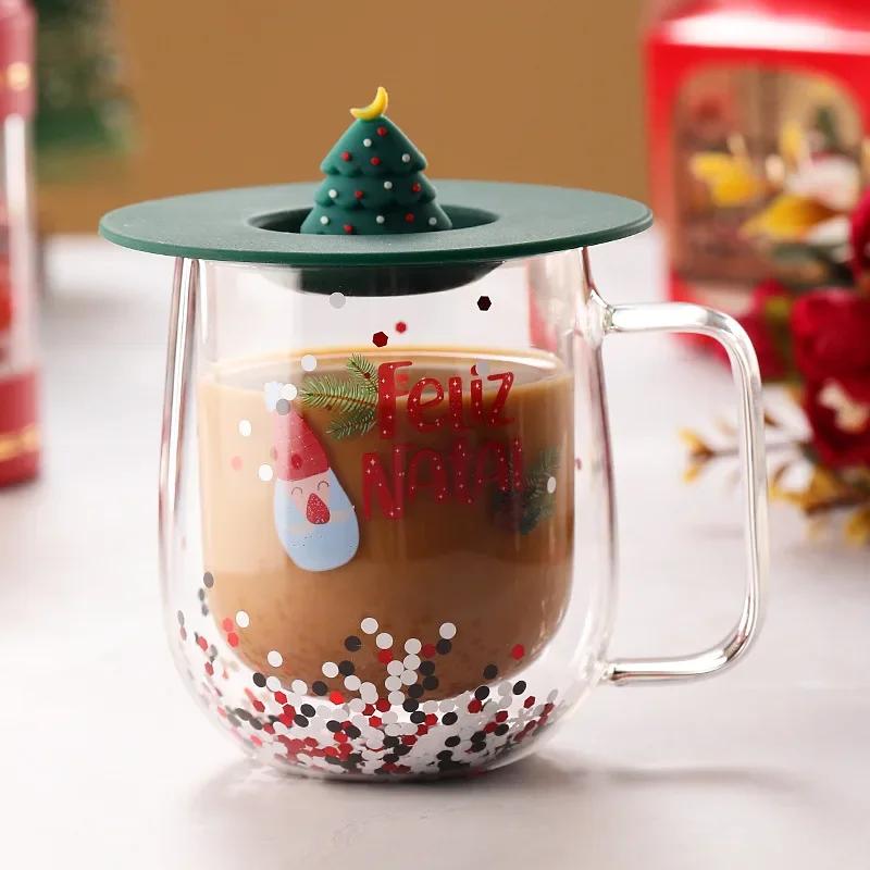 Christmas Double-layer Glass Cup with Silicone Lid Santa Claus Christmas Tree Breakfast Milk Cup Insulated Anti-scald Coffee Cup