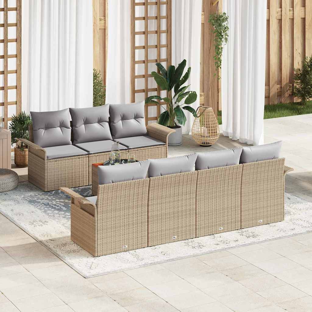 8 Piece Garden Sofa Set In Beige and Light Grey Poly Rattan