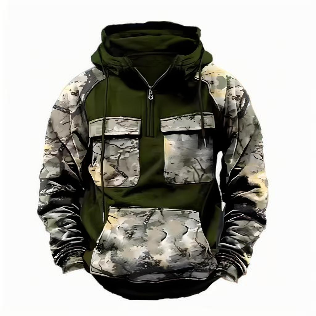 Men  Quater-Zip Pullover Vintage Sweatshirt Casual Long Sleeve Cargo Hoodies With Pocket