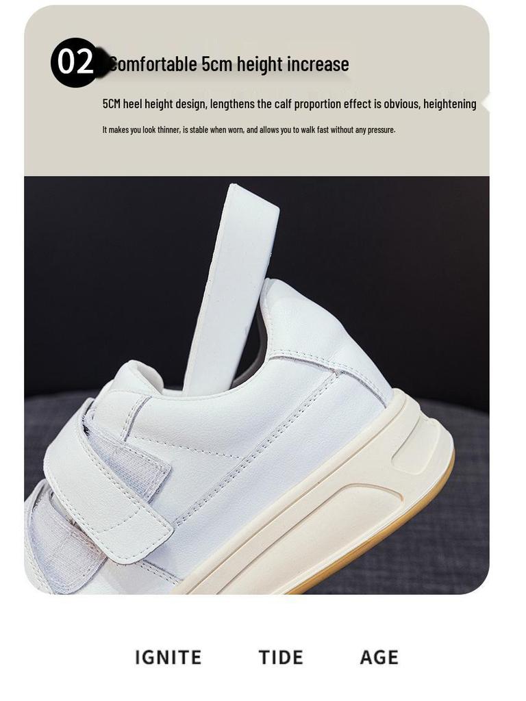 Women's White Platform Sneakers - 5cm Height Boost, Autumn Casual, Velcro, Thick Sole, Genuine Leather.