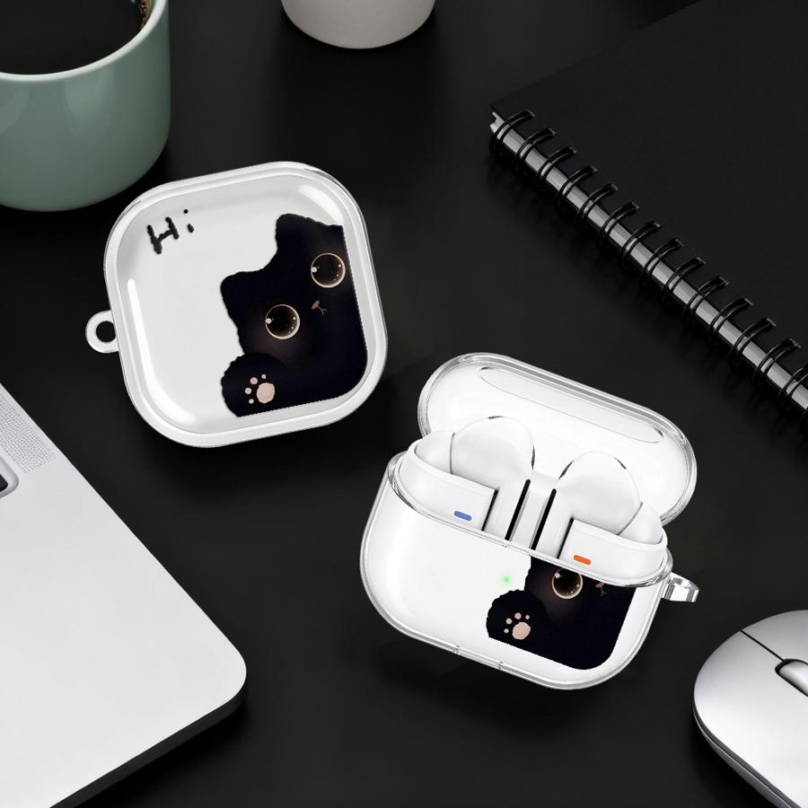 Case For Samsung Galaxy Buds 2 Live 4 Pro 2Pro 3Pro 3 FE 4Pro Clear Earphone Cases Cover With Hook Hello Cute Cat
