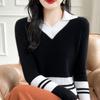 Women's College-Style V-Neck Striped Wool Knit Sweater for Autumn and Winter