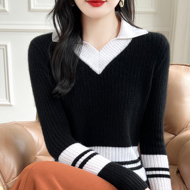 Women's College-Style V-Neck Striped Wool Knit Sweater for Autumn and Winter