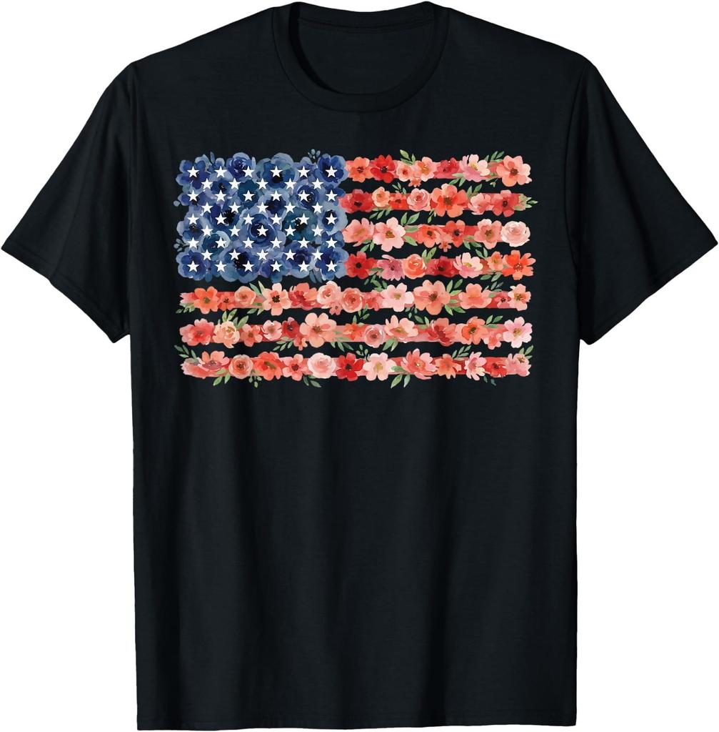 Floral American Flag Flowers Wildflowers 4th of July T-Shirt