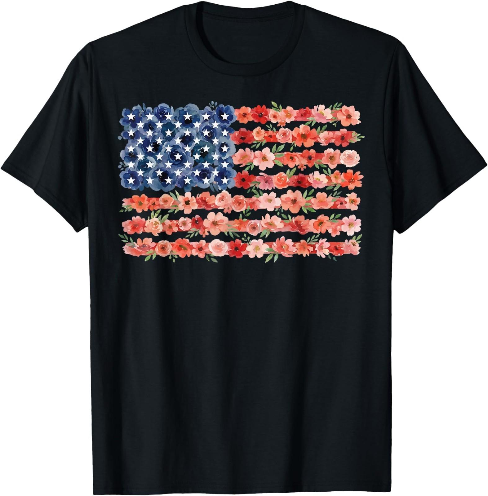 Floral American Flag Flowers Wildflowers 4th of July T-Shirt L