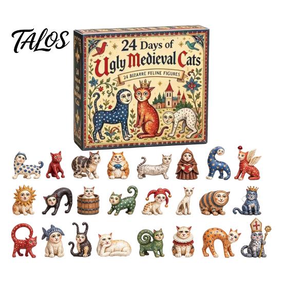Geschenke für Katzenliebhaber 24 Tage mit hässlichen mittelalterlichen Katzen Adventskalender mit einzigartigen niedlichen Tier-Andenken Acryl-Anhänger, Vintage Weihnachts-Countdown